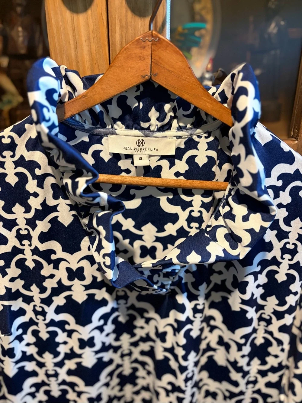 Jean-Pierre Klifa Paris Ruffle Collar Jersey Dress Blue/ Scroll Resort Size XL